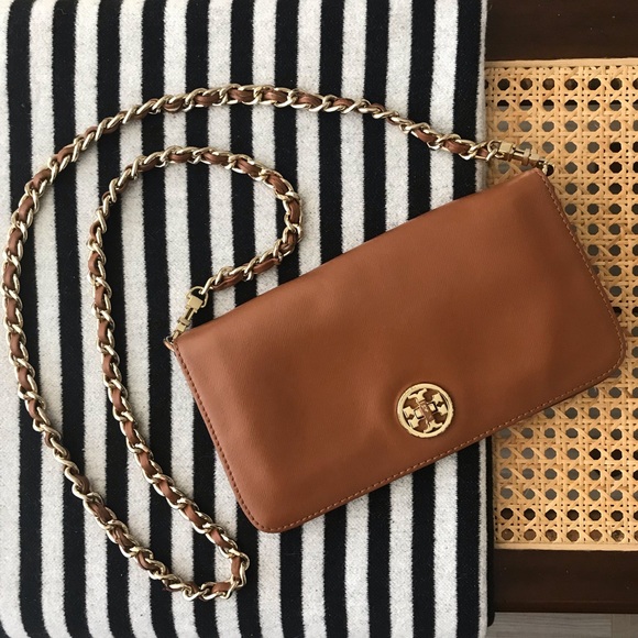 Tory Burch Tan Leather Gold Chain Crossbody Clutch - Picture 1 of 12